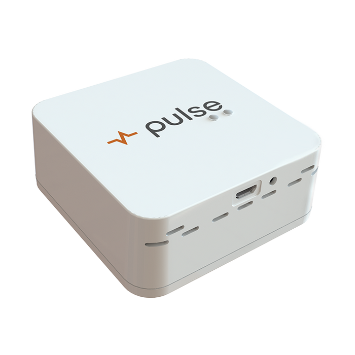 TAS Pulse One WiFi Connected Environmental Monitor - a white box with the word pulse on it, equipped with sensors for monitoring the environment and WiFi connectivity.