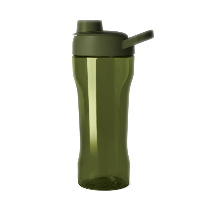 Dual-tone green water bottle with olive sage upper portion and flip-top lid, lighter green main body