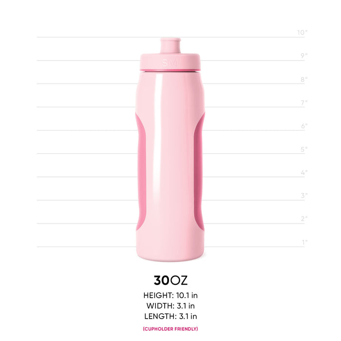 Pale pink water bottle with hot pink grip accents on the sides and a white vertical stripe down the front