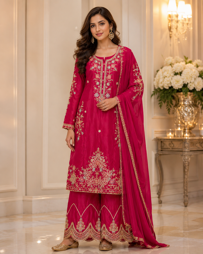 Red embroidered three-piece suit