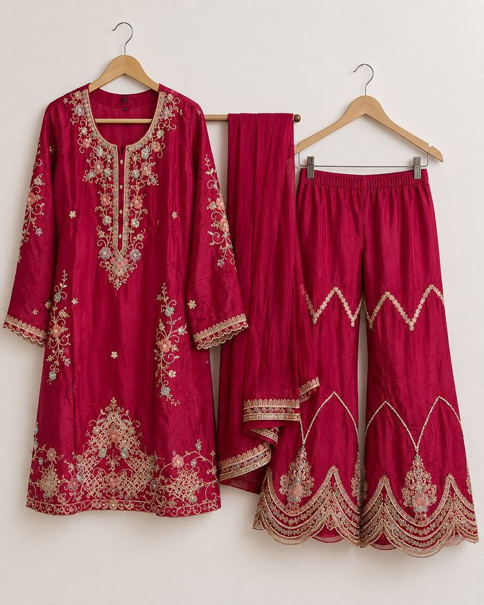 Red embroidered three-piece suit alternate view