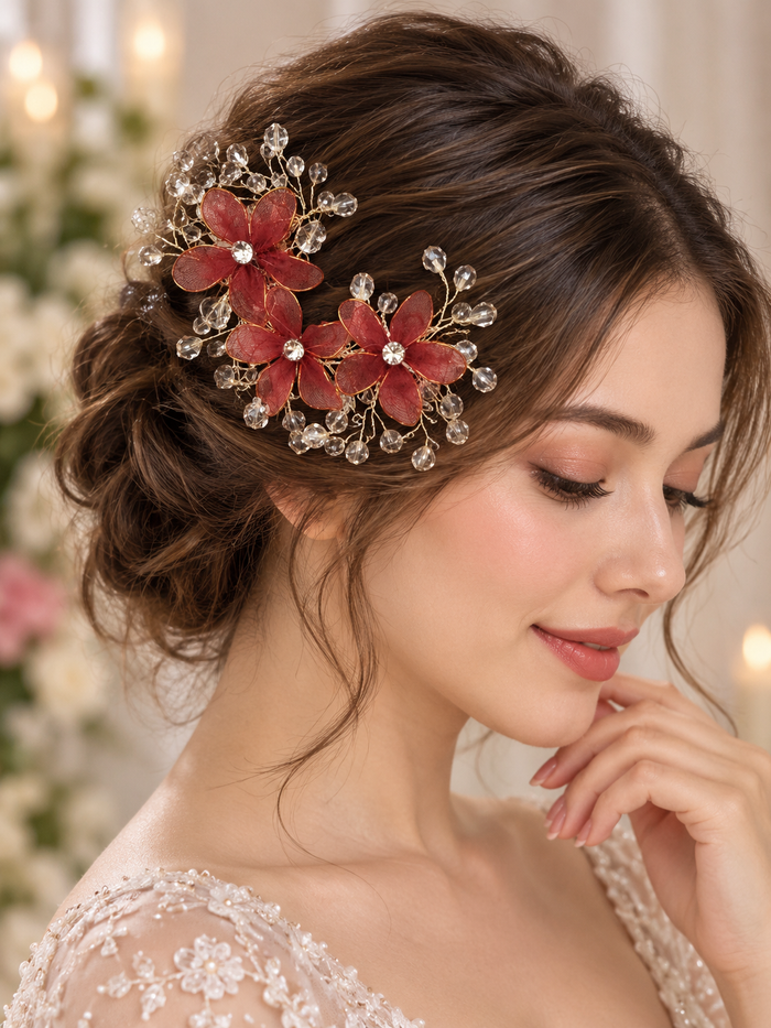 Red floral crystal hair accessory detail