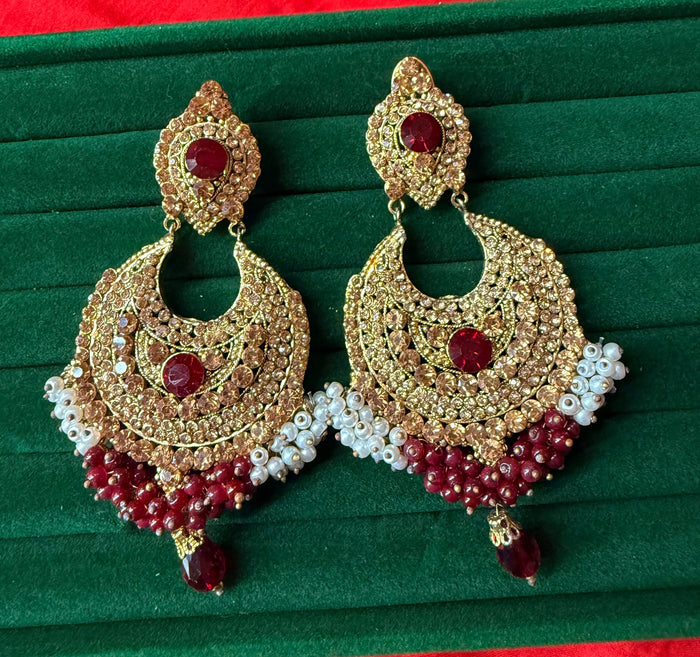 Red and gold traditional statement earrings – crystal, pearl-style, and bead detail