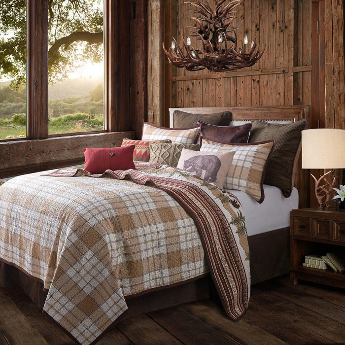 Red Oblong Button Accent Pillow on Tan Plaid Reversible Bear Quilt Set - Your Western Decor