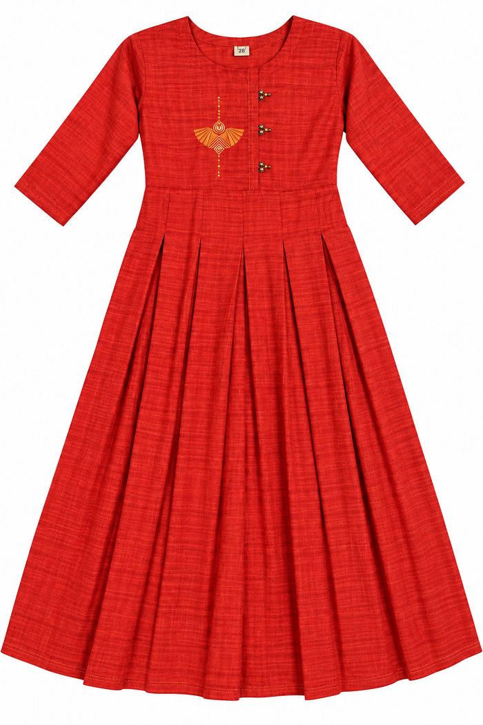Red pleated embroidered kurta