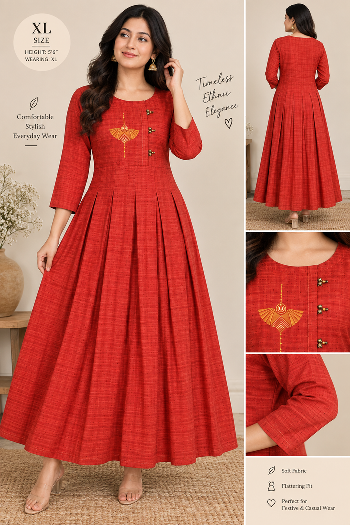 Red pleated embroidered kurta with gold detailing