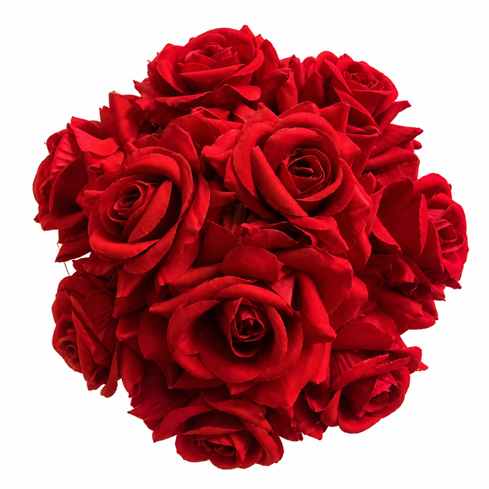 Deep red rose hair bun flower cluster detail