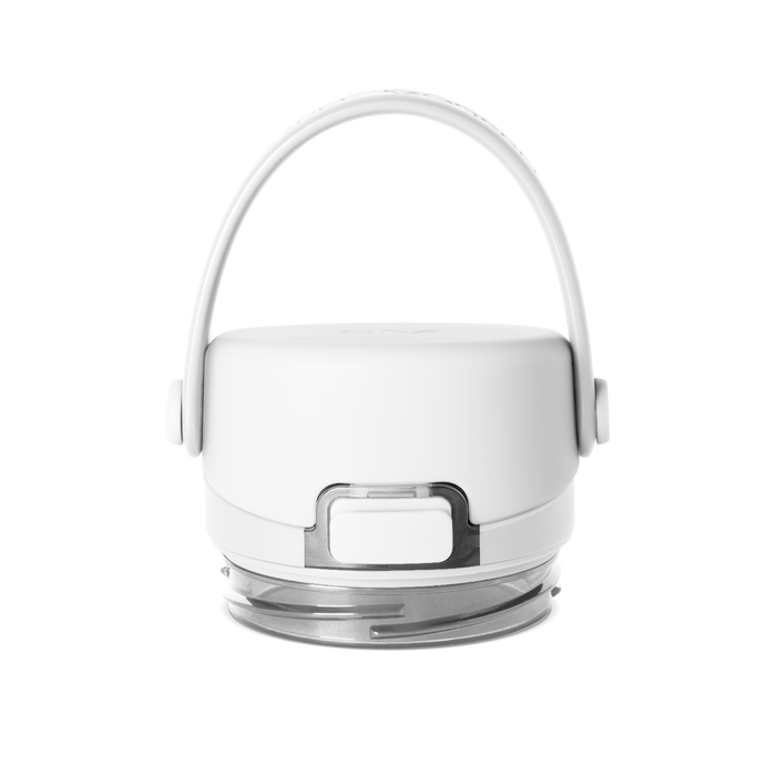 White ceramic vessel with gray base and translucent handle against white background