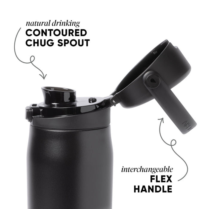 Black matte and glossy skincare bottle with charcoal handle and dark gray accents, product packaging displayed against dark background