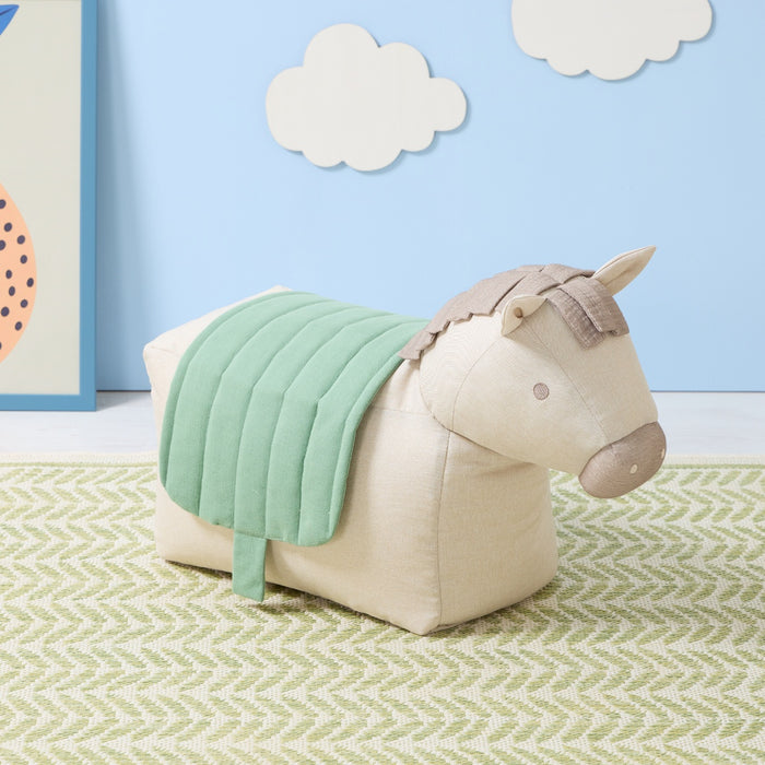 Ride-On Henry Horse beanbag styled in blue nursery with cloud wall décor, featuring green saddle and soft tactile mane detail