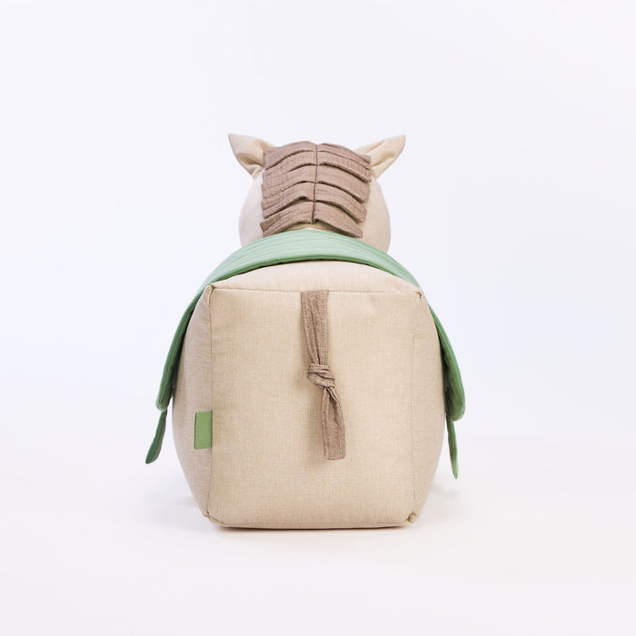 Rear view of Ride-On Henry Horse beanbag showing soft brown mane and tail with green quilted saddle in neutral linen-blend fabric