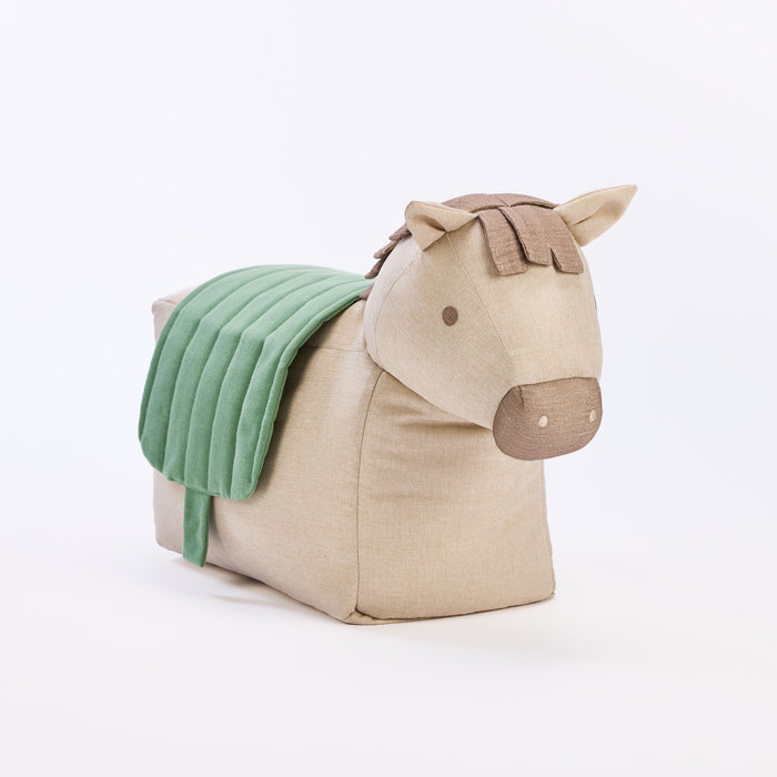 Angled cutout of Ride-On Henry Horse beanbag with green saddle and stitched face, crafted from soft-touch linen-blend fabric