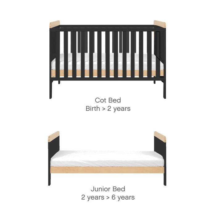 Rio Cot Bed in slate grey and honey oak shown as cot bed and junior bed, offering adaptable sleep from birth to 6 years.