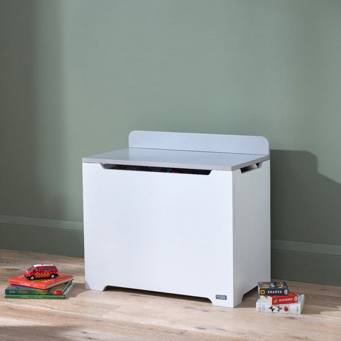 Rio Toy Box White and Dove Grey shown in a stylish nursery setting, offering large storage capacity for toys, books, and games