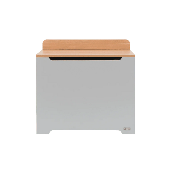Rio Toy Box Dove Grey and Honey Oak featuring rounded corners and gap-front lid design to maximize safety and prevent trapped fingers