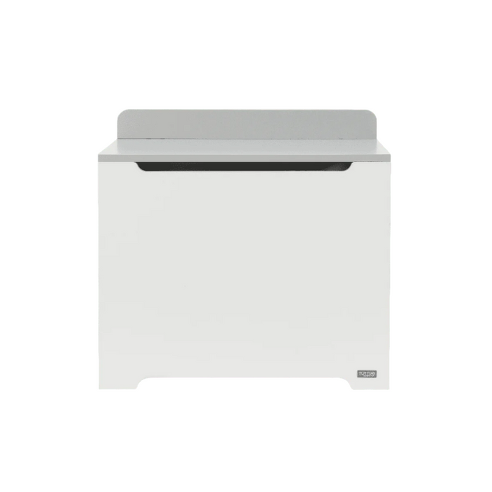 Rio Toy Box White and Dove Grey designed with rounded edges and a gap-front opening to minimize pinch points and maximize child safety