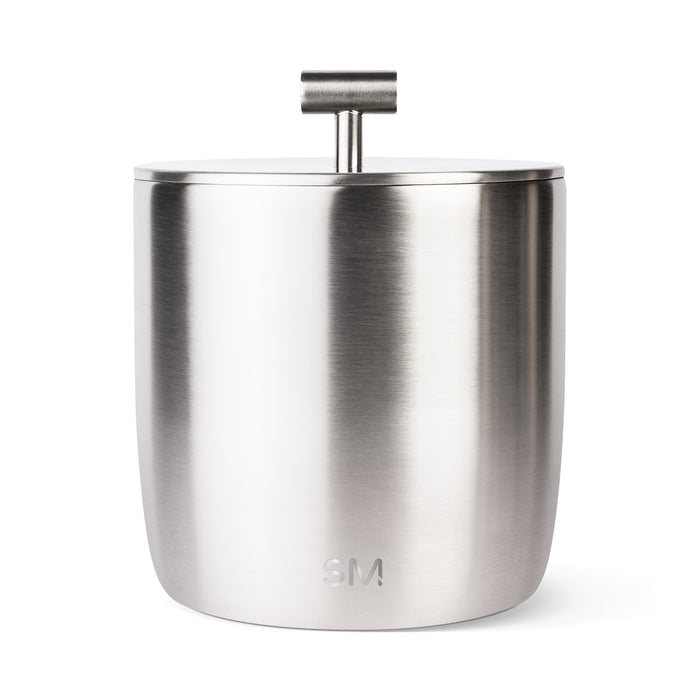 Brushed stainless steel cylindrical container with matte metallic finish and directional surface texture, silver tone