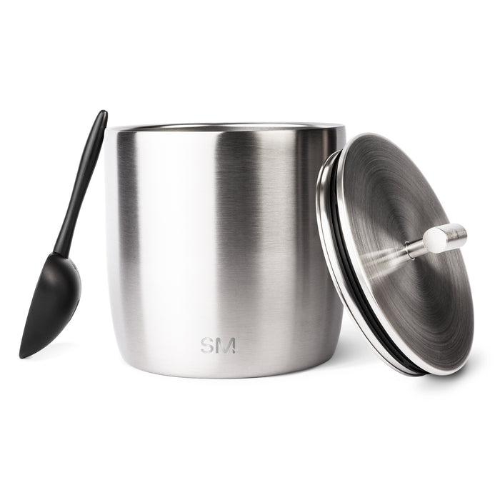 Stainless steel ICE-100 container with brushed metal finish in silver and gray tones, black accents