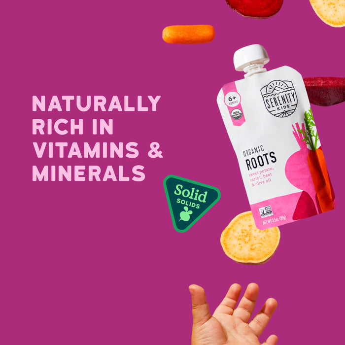 Roots Product packaging with text 'Naturally Rich in Vitamins & Minerals' on a pink background