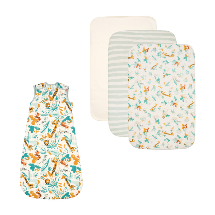 Run Wild set of baby bedding with animal patterns on a white background