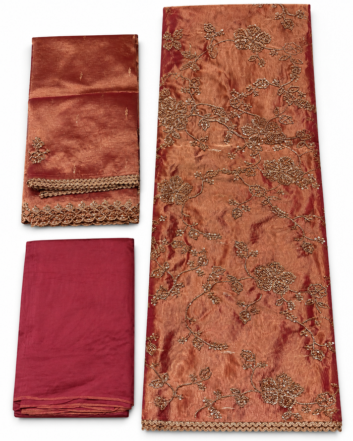 Rust copper tissue embroidered unstitched three-piece suit set