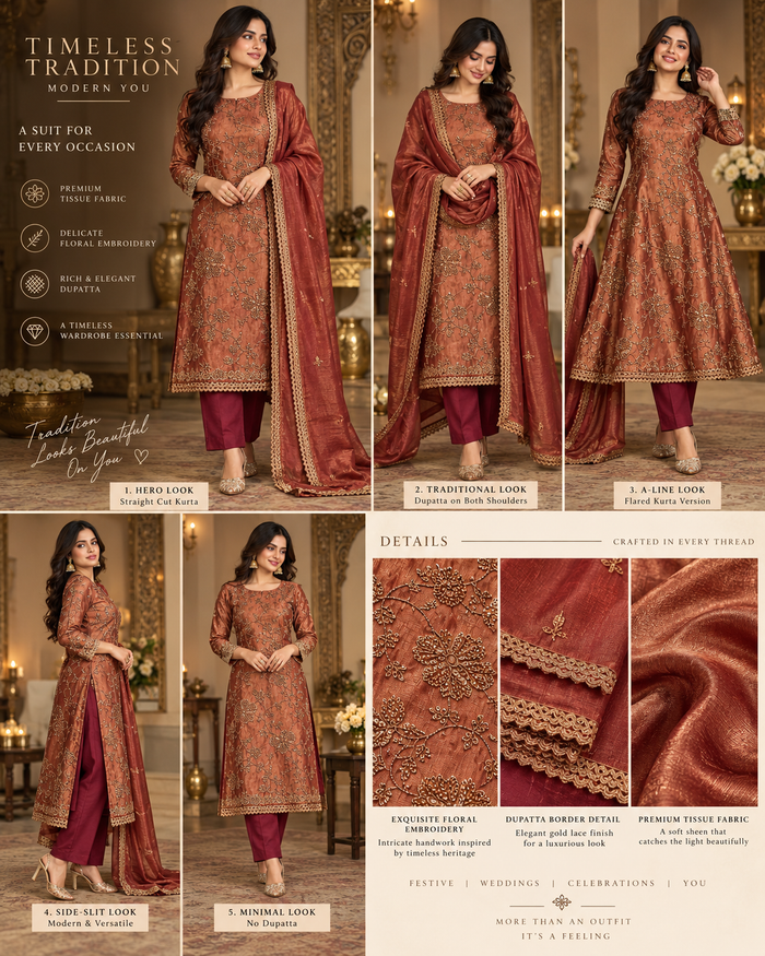 Rust copper tissue embroidered unstitched suit fabric detail