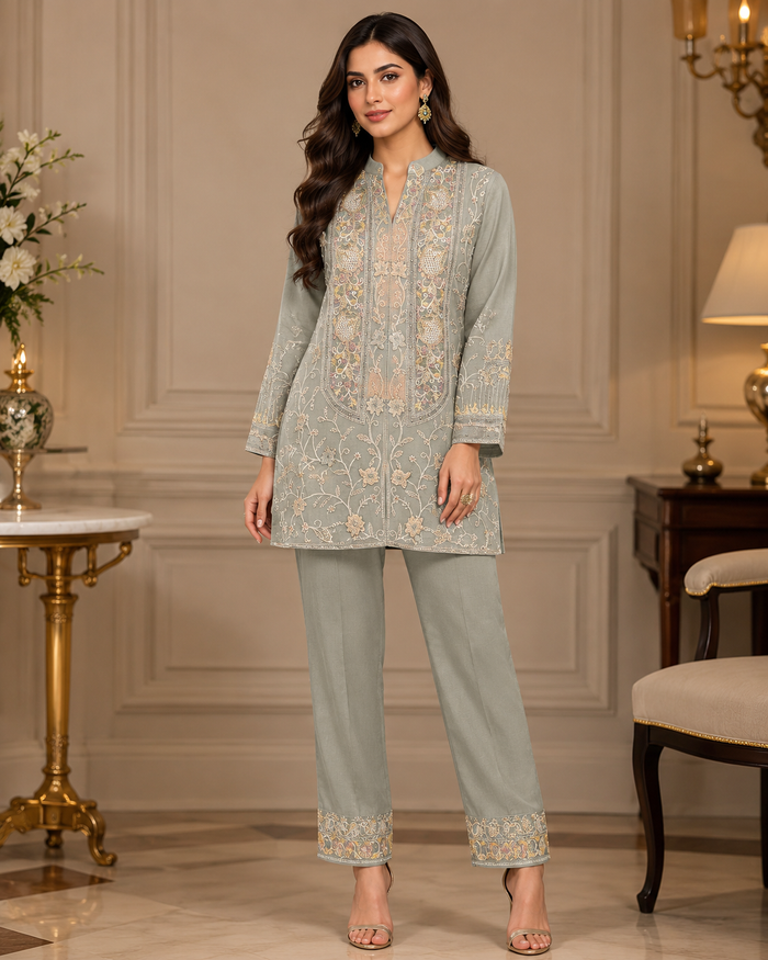Sage embroidered kurta and pant set alternate view
