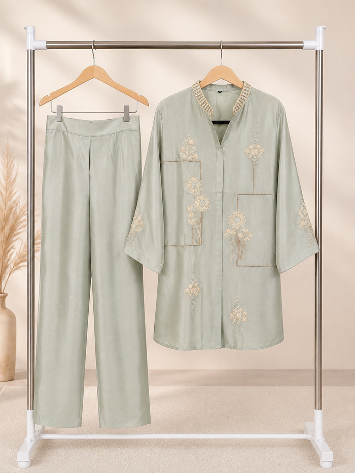 Sage green embroidered kurta set neckline detail