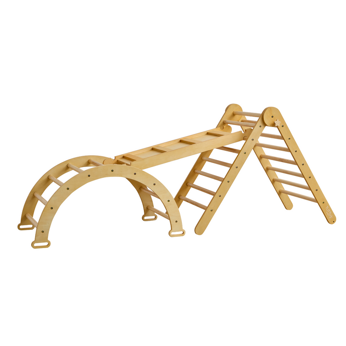 Cutout view of the Scala Montessori Pikler Climbing Frame in natural wood, featuring triangle, arch and slide ladder for modular play