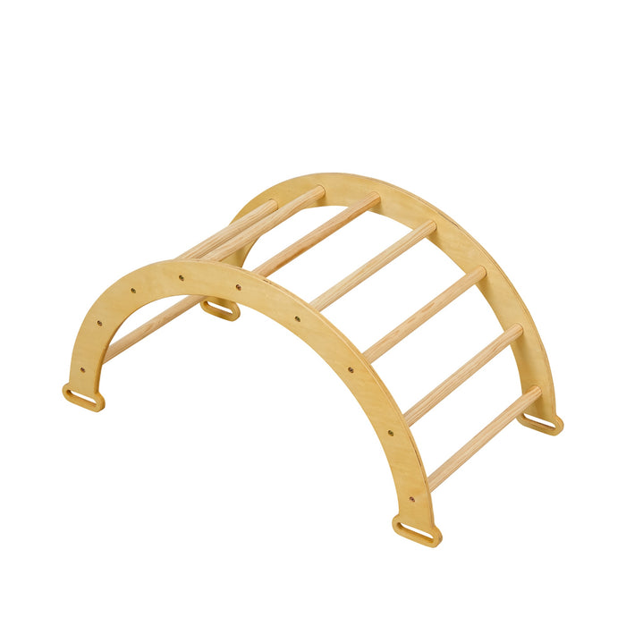 Front view of the Scala Montessori arch in natural wood, designed for climbing, rocking or crawling play to build motor confidence
