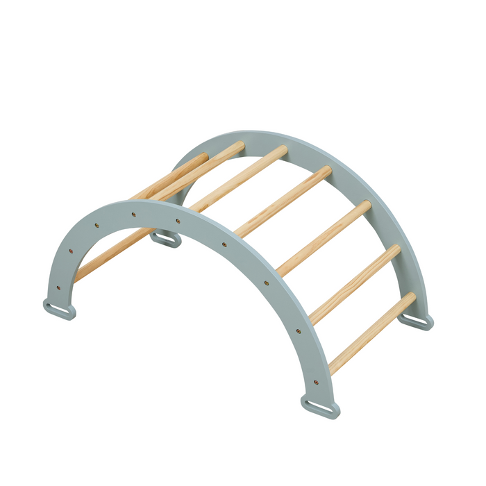 Cutout view of the Scala Montessori climbing arch in ocean stone with natural wood rungs, offering climbing, rocking, and imaginative play opportunities