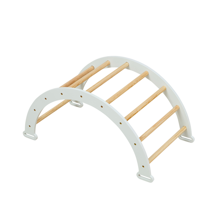 Cutout of the Scala Montessori 3-in-1 Pikler climbing arch in sea mist finish, with sturdy wooden rungs for safe balance and play