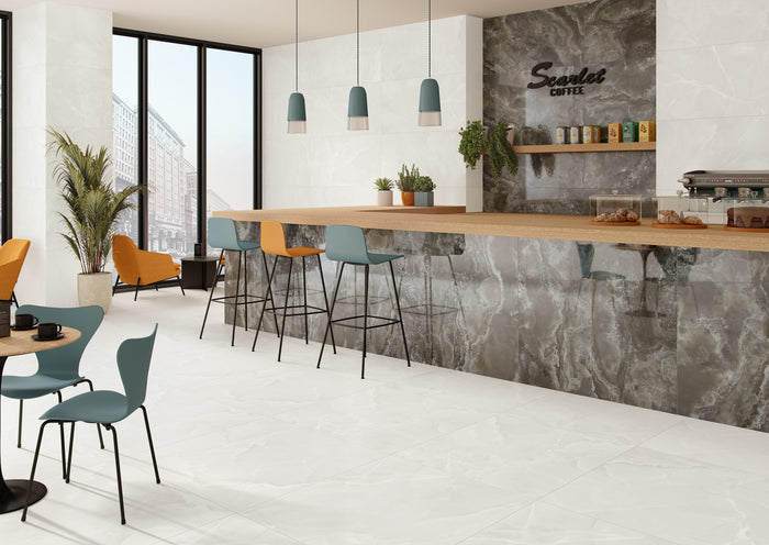 Modern cafe interior with Spanish Soft White Porcelain tiles
