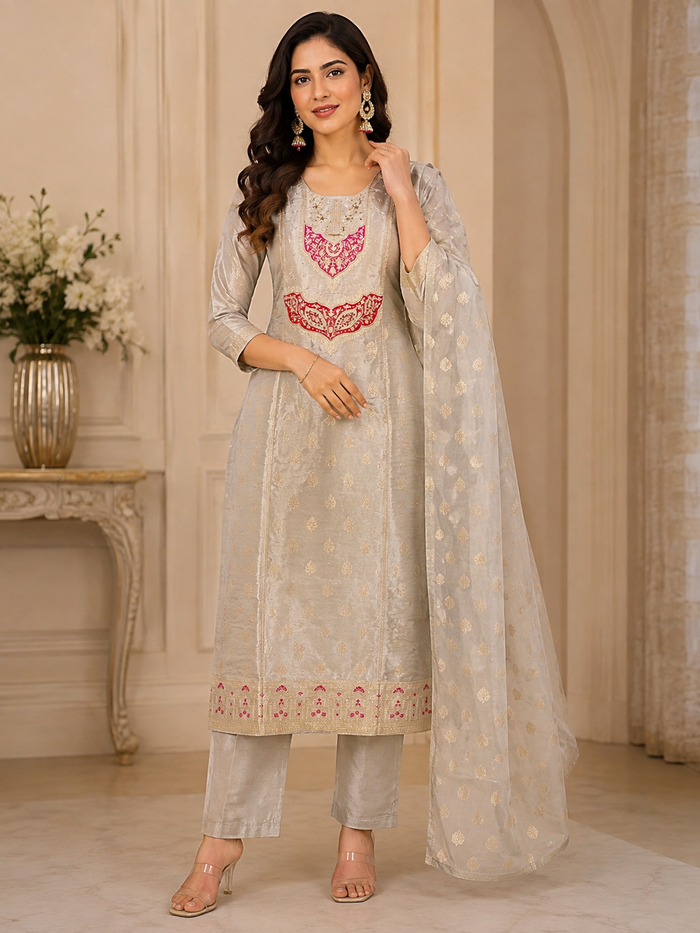 Silver-grey embroidered suit gold and pink detail
