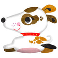 A balloon depicting a smiling sitting puppy with a red collar and black spots.
