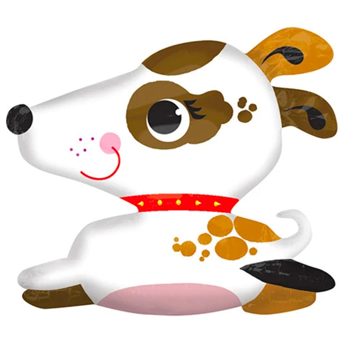 A balloon depicting a smiling sitting puppy with a red collar and black spots.