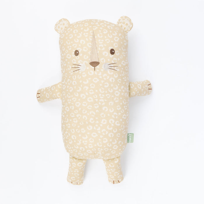Cutout view of the Soft Leopard Cuddle Cushion with a pale leopard print pattern, embroidered face, and cuddly rounded shape