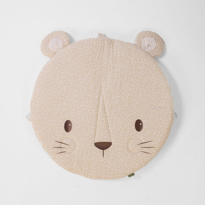 Top-down view of Larry Leopard round padded baby playmat with embroidered face and soft beige leopard print.