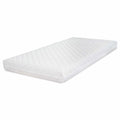 Angled view of sprung nursery mattress with quilted white cover and supportive foam-filled design for comfortable baby sleep.