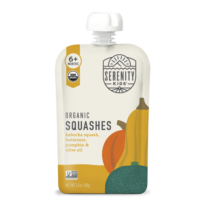 Serenity Kids organic squashes pouch on a white background