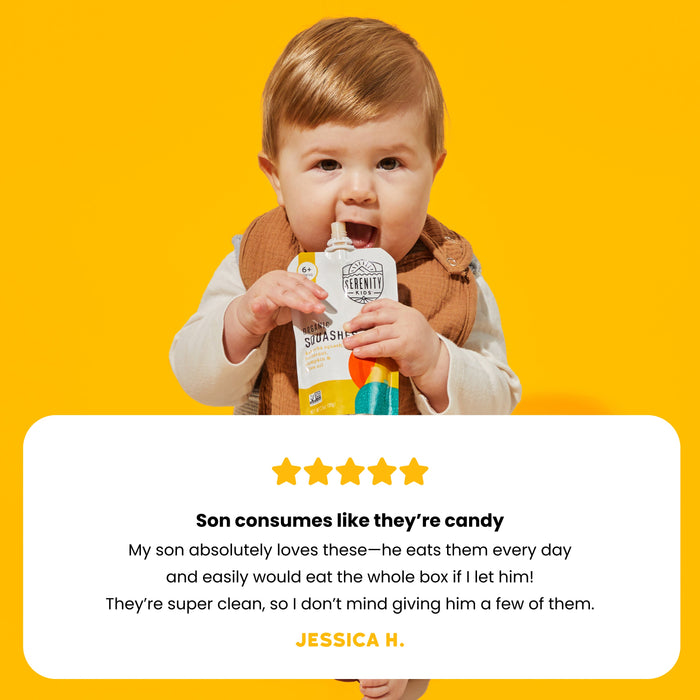 Child holding a squash product with a five-star rating and review on a yellow background
