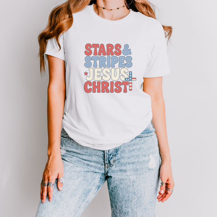 Stars Stripes Jesus Christ Patriotic Graphic T-Shirt