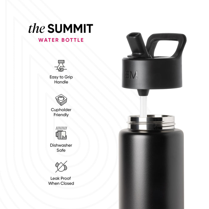 Black matte water bottle with metallic silver accents on white background