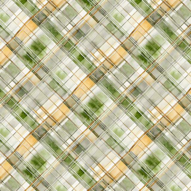 Sunkissed Nancy Mink Green Yellow Watercolor Plaid Fabric by Wilmington 33920 175