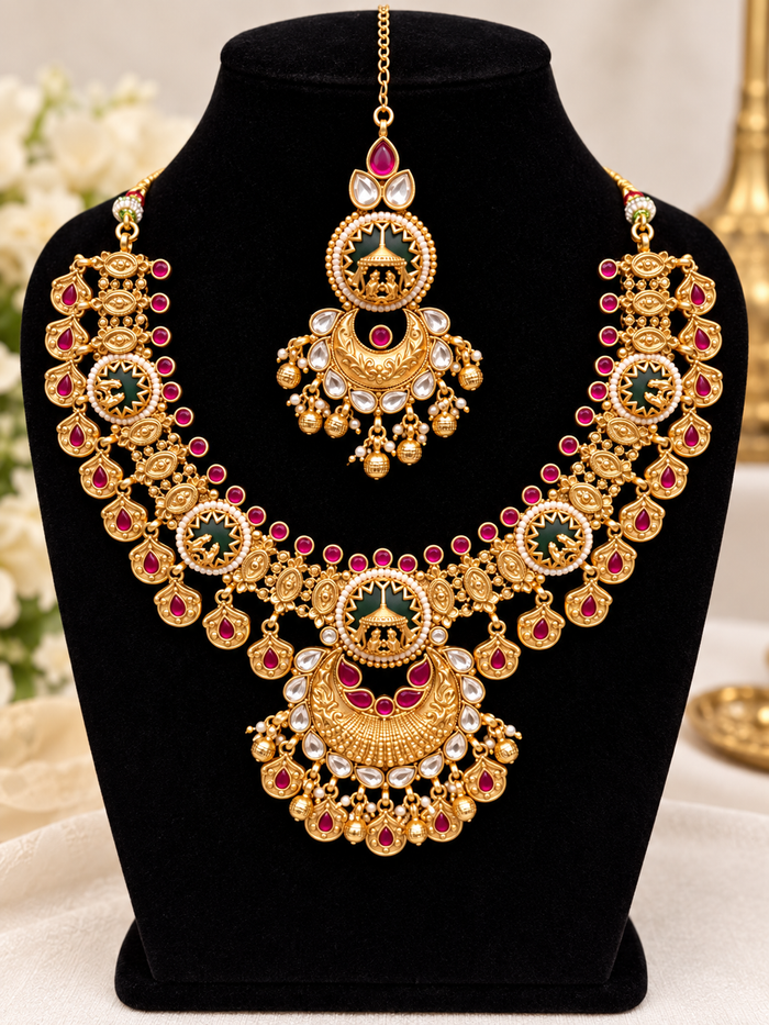 Temple-style necklace and maang tikka set