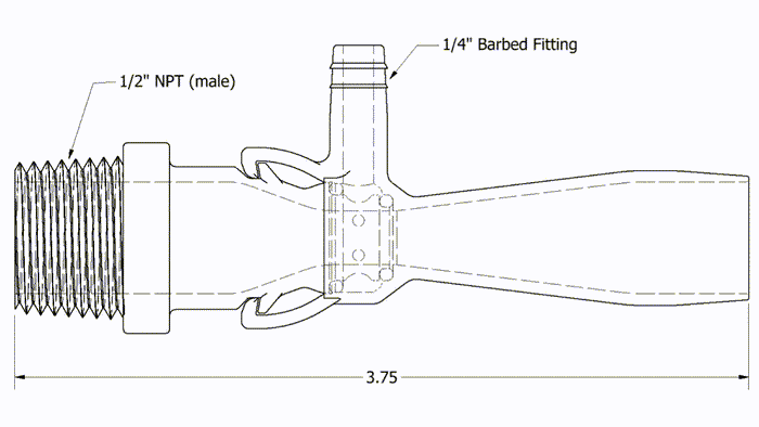 A diagram depicting the dimensions of a TAS Infusinator™ Venturi nozzle pipe fitting.