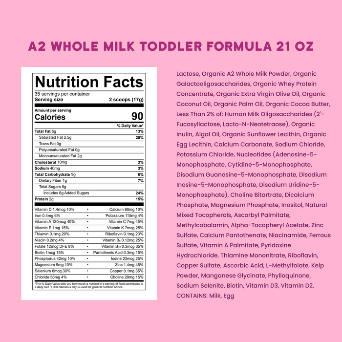 Nutrition facts label for A2 Whole Milk Toddler Formula on a pink background