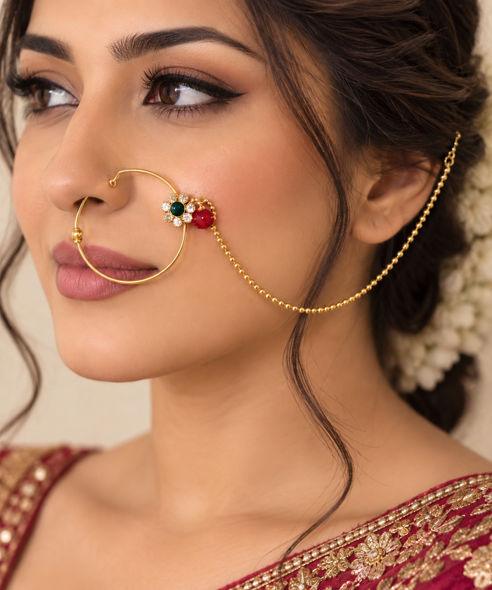 Traditional Gold-Tone Bridal Nath with Chain