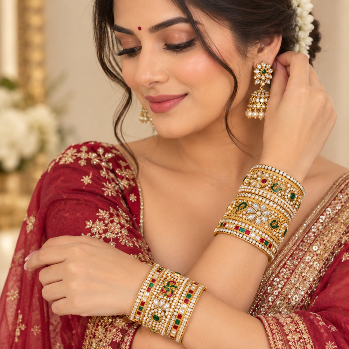 Traditional Gold-Tone Kundan Kada Set – Red & Green
