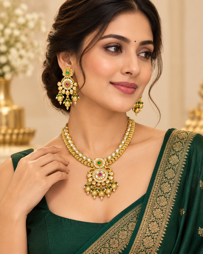 Gold-tone Kundan necklace and earrings set detail